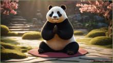 Panda sitting in yoga pose with hands together in Namaste. Picture is AI generated with gencraft.