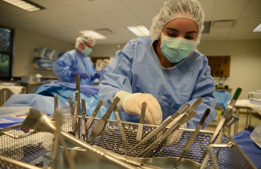 student with surgical mask and gloves looking over surgical tools